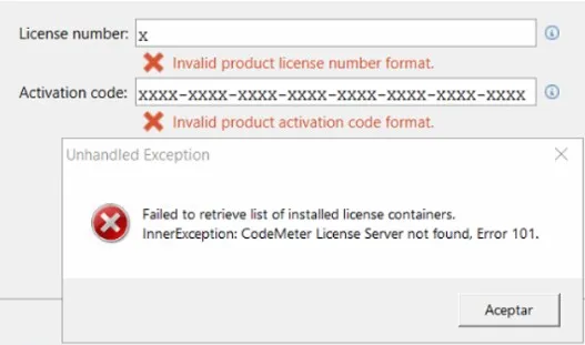 หน้าต่าง Activation Wizard แจ้ง Invalid product license number format พร้อมกล่อง Unhandled Exception ที่ระบุ CodeMeter License Server not found, Error 101