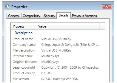 หน้าต่าง Properties แท็บ Details ของไฟล์ MultiKey.sys แสดง Product name เป็น Virtual USB MultiKey