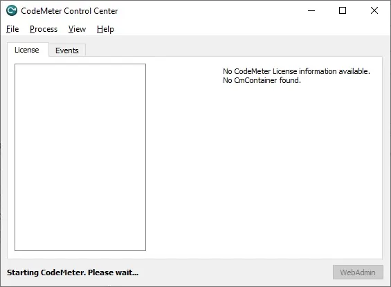หน้าต่าง CodeMeter Control Center ค้างที่ข้อความ Starting CodeMeter. Please wait และแจ้งว่าไม่พบ CmContainer