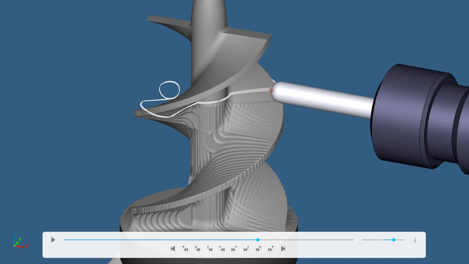 หน้าจอ CIMCO Edit จำลองการตัดเฉือนแบบ solid simulation บนใบพัด