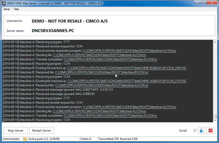 หน้าจอโปรแกรม CIMCO DNC-Max Server ระหว่างรับ-ส่งโปรแกรม NC กับเครื่องจักร