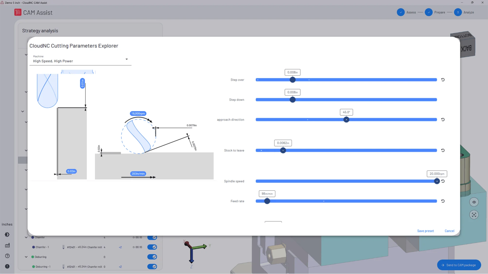 หน้าจอ CloudNC CAM Assist แสดงเงื่อนไขการตัด feed และ speed ที่ระบบแนะนำ