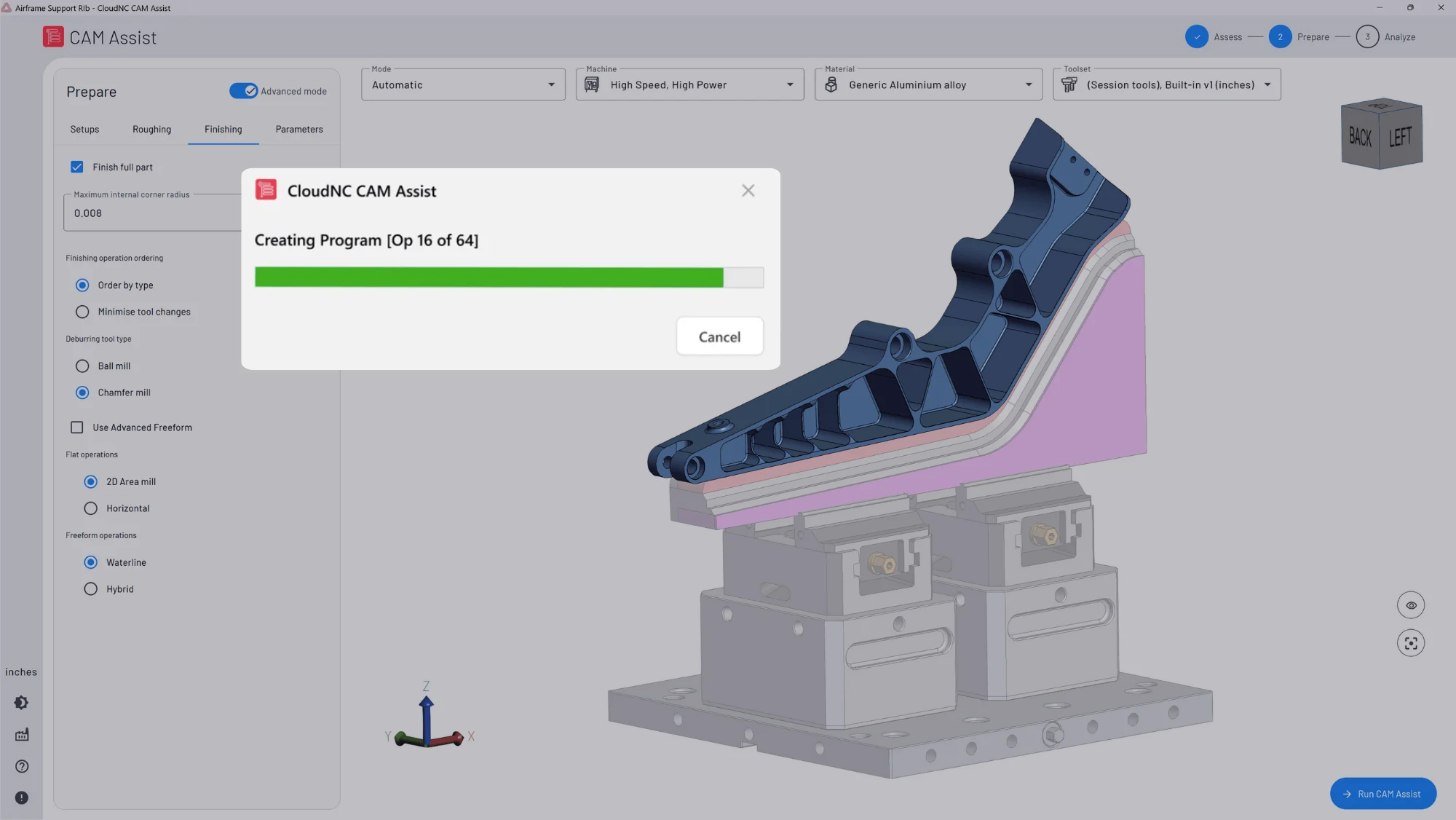 หน้าจอ CloudNC CAM Assist แสดงกลยุทธ์การตัดเฉือนที่ระบบ AI ร่างขึ้นจากรูปทรงชิ้นงาน