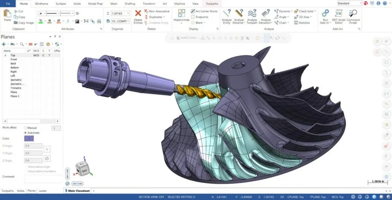 หน้าจอ Mastercam แสดง toolpath Accelerated Finishing บนชิ้นงานใบพัด