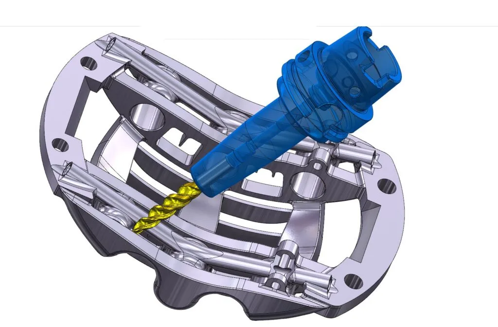 ตัวอย่าง toolpath หลายแกน (multiaxis) บนชิ้นงานที่ซับซ้อน