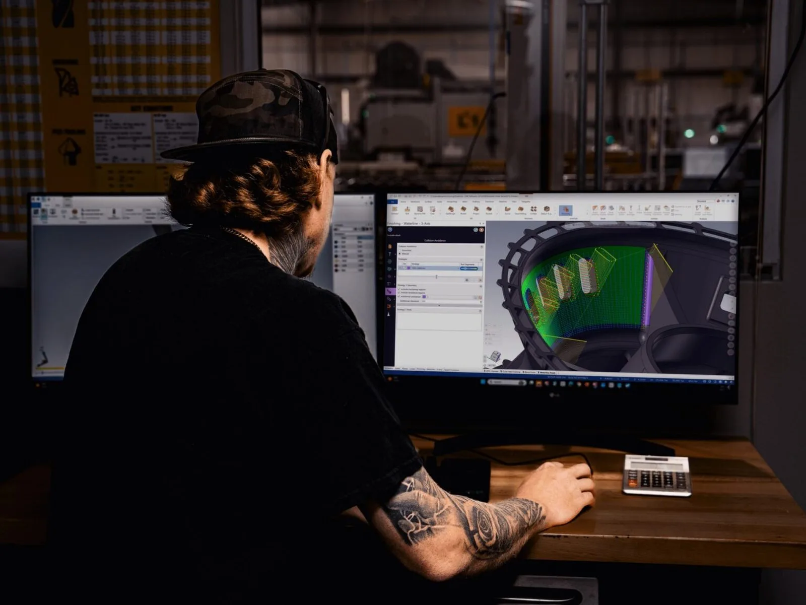 ช่างเทคนิคกำลังเขียนโปรแกรม CNC ด้วย Mastercam บนหน้าจอในโรงงาน
