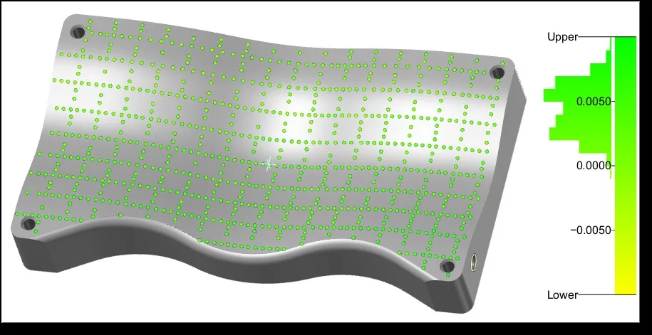 ผลตรวจสอบ Verisurf MEASURE แสดงค่าเบี่ยงเบนเทียบแบบ CAD เป็นแผนที่สี