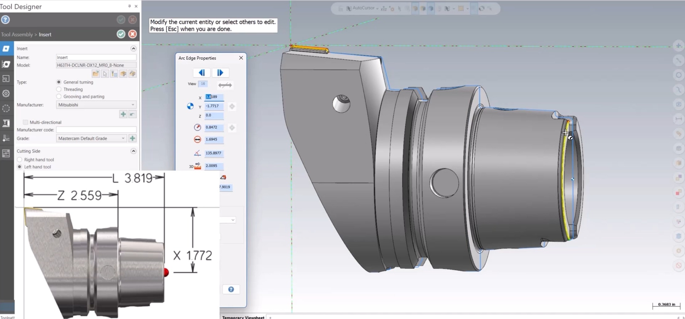 หน้าจอ Mastercam แสดงแผง Tool Designer ด้านซ้ายที่มีช่อง Manufacturer code ว่างอยู่ ถัดมาเป็นหน้าต่างอ่านค่าที่แสดงค่า X 3.8189 และ Y -1.7717 และภาพกำกับมุมล่างซ้ายที่ระบุระยะ L 3.819, Z 2.559 และ X 1.772 บนตัวเครื่องมือกลึง